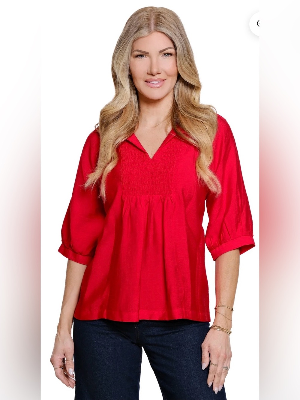Ali Miles Woven Pop-Over Point Collar Split Neck Raglan Elbow Sleeve Red Top